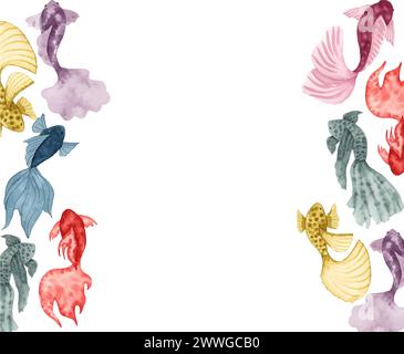 Horizontaler Rahmen von Aquarell Fisch.Handillustration.einfacher, stilisierter Stil. Einfarbige Meerestiere. Unterwasserwelt mit Meerestieren. Ozean und Stock Vektor