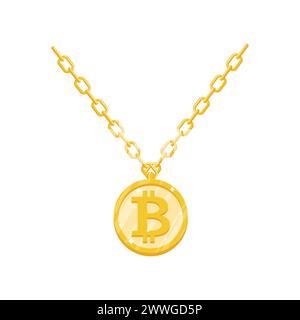 Bitcoin Gold Anhänger. Kryptowährung aus Gold auf Kette. Symbol für Luxusschmuck Stock Vektor