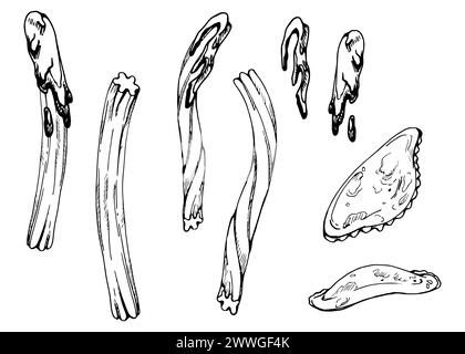 Hand gezeichnete Tinte Vektor Illustration, süßes Gebäck Dessert Churros in Schokolade, gefüllte Kuchen Knödel Empanadas Umsatz. Zusammensetzung isoliert weiß Stock Vektor