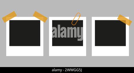 Die Polaroid-Kamera rahmt ein Fotomockup-Scrapbook auf eine graue Wand. Schwarze Fotorahmen-Vorlage. Vektorabbildung. Stock Vektor