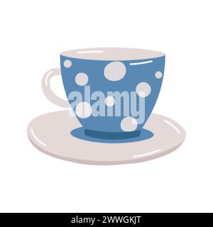 Blaue Teetasse auf weißem Hintergrund. Blaue Tasse mit Punktmuster. Stock Vektor