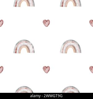 Regenbogenboho. Nahtloses Babymuster mit Wasserfarben im skandinavischen Stil. Niedliches Ornament zur Dekoration von Kinderzimmern und zum Einpacken von Papier und Baby Stockfoto