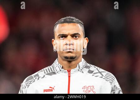 Kopenhagen, Dänemark. März 2024. Manuel Akanji (5) aus der Schweiz war während des Fußballspiels zwischen Dänemark und der Schweiz in Parken in Kopenhagen zu sehen. (Foto: Gonzales Photo/Alamy Live News Stockfoto