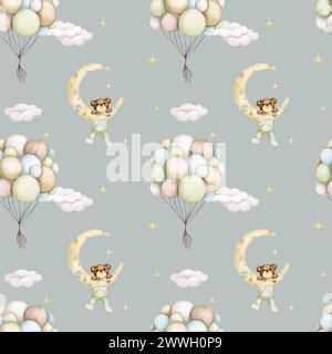Nahtloses Babymuster auf grauem Hintergrund. Baby Bär auf dem Mond und Heißluftballons. Aquarellhintergrund. Kinderparty, Babyparty, Geburtstag. Stockfoto