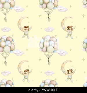 Nahtloses Babymuster auf gelbem Hintergrund. Baby Bär auf dem Mond und Heißluftballons. Aquarellhintergrund. Kinderparty, Babyparty, Geburt Stockfoto