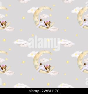 Nahtloses Babymuster auf grauem Hintergrund. Baby Bär schläft auf einer Wolke. Mädchen. Aquarellhintergrund. Kinderparty, Babyparty, Geburtstag. Design Stockfoto