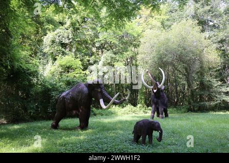 Jagd in der Vorgeschichte: Mammutjagd und rekonstruierte Mammutjagd im Prehisto Parc im Vézère River Valley in Périgord Noir. Tursac, Périgo Stockfoto