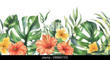 Tropische Palmenblätter, Monstera und Blumen von Plumeria, Hibiskus, hell saftig. Handgezeichnete botanische Illustration mit Aquarell. Nahtloser Rahmen ist Stockfoto