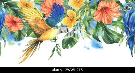 Tropische Palmenblätter, Monstera und Blüten von Plumeria, Hibiskus, hell mit blau-gelbem Aras Papagei. Handgezeichnete botanische Illustration mit Aquarell Stockfoto