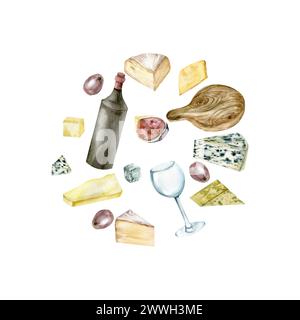 Käseplatte und rotes Weinbanner. Lebensmittelillustration im Rahmen mit Brie, Cheddar, Camembert, Weißkäse, Holzteller, Weinflasche, Glas, Feigen Stockfoto