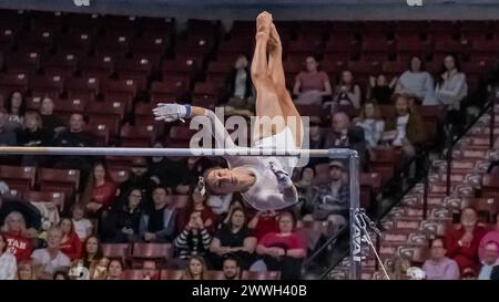 West Valley City, USA. März 2024. Utahs Olympiasiegerin Grace McCallum belegte den dritten Platz in den ungleichmäßigen parallelen Takten mit 9,925 Punkten und belegte den zweiten Platz in der All Around mit ihrem guten Freund Jade Carey beim vierten Sieg der Pac-12 Women's Gymnastics Championship in Folge im Maverik Center. West Valley City, Utah am 23. März 2024 (Foto: Jeff Wong/SIPA USA) Credit: SIPA USA/Alamy Live News Stockfoto