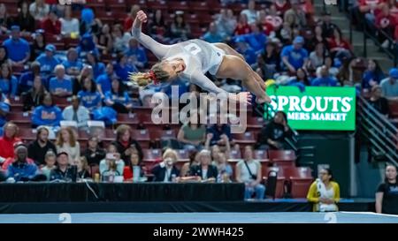 West Valley City, USA. März 2024. Utahs Abby Paulson belegte am 23. März 2024 im Maverik Center, West Valley City, Utah, mit einem Ergebnis von 9,950 beim vierten Sieg der Pac-12 Women's Gymnastics Championship in Folge (Foto: Jeff Wong/SIPA USA) Credit: SIPA USA/Alamy Live News Stockfoto