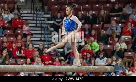 West Valley City, USA. März 2024. Emma Malabuyo von UCLA erreichte am 23. März 2024 den zweiten Platz im Balancebalken mit 9,950 Punkten beim vierten Sieg der Pac-12 Women's Gymnastics Championship in Folge im Maverik Center, West Valley City, Utah (Foto: Jeff Wong/SIPA USA) Credit: SIPA USA/Alamy Live News Stockfoto