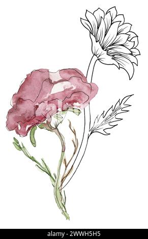 Aquarell Hand bemalt Wiese Blumen Blumenstrauß Illustration, Liner Skizze Wildblumen Clipart, Feld Blumen Komposition Stockfoto