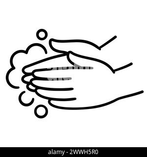 Handwaschsymbol, handgezeichnetes schwarz-weißes Strichkunstkritzelchen. Zwei Hände mit Seifenschaum. Einfache Clip-Art-Illustration, Vektorzeichnung. Stock Vektor