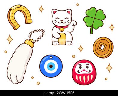 Glücksbringer und Glücksbringer Zeichensatz. Hufeisen, Klee, böses Auge, Kaninchenfuß, maneki neko, daruma. Nette Cartoon Hand gezeichnete Kritzeleien, Vektor Stock Vektor