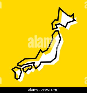 Vereinfachte Landkarte für Japan. Weiße Silhouette mit dicker schwarzer Kontur auf gelbem Hintergrund. Einfaches Vektorsymbol Stock Vektor