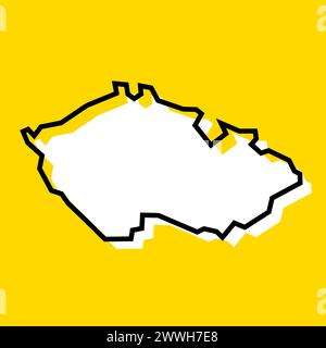 Vereinfachte Karte für das Land der Tschechischen Republik. Weiße Silhouette mit dicker schwarzer Kontur auf gelbem Hintergrund. Einfaches Vektorsymbol Stock Vektor