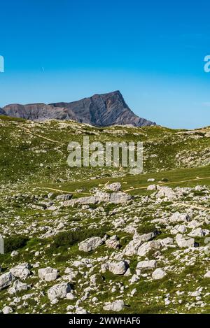 Muntejela de Senes Berggipfel in den Dolomiten - Blick von Alta über 1 Wanderweg zwischen Senes- und Seekofelhütten Stockfoto