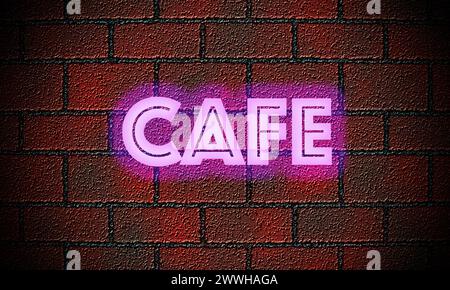 Eine manuell erstellte Illustration einer Ziegelwand mit dem Wort Café in Neon Stockfoto