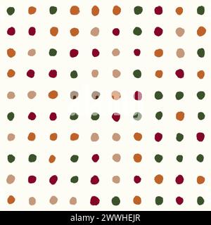 Handgezeichnetes nahtloses Muster mit beigen geometrischen Kreisen in marsala-Grün auf Vintage-Beige. Große abstrakte, runde Formen mit Punktmuster, minimalistischer moderner Stil aus der Mitte des Jahrhunderts, neutraler Retro-Vintage-Stil, Mode Stockfoto