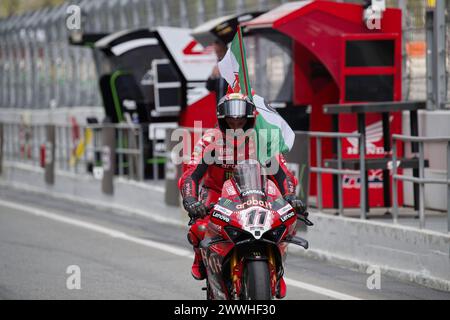 Barcelona, Spanien. März 2024. 11 Nicolo Bulega ITA Ducati Panigale V4R ARUBA.IT Racing während der Pirelli Catalunya Runde - Runde 2 - Rennen 2, World Superbike - SBK Rennen in Barcelona, Spanien, 24. März 2024 Credit: Unabhängige Fotoagentur/Alamy Live News NÂ Stockfoto