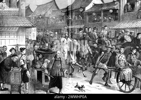 Die Rückkehr des Rennens in shanghai, Vintage-Gravur. Die Rückkehr des Rennens in shanghai, Vintage-Illustration. Jo die Rückkehr des Rennens in shang Stockfoto