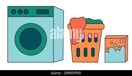Reinigen Von Set-Elementen. Sammlung von Reinigungswerkzeugen. Waschmaschine. Wäschekorb mit Kleidung. Waschpulver. Vektorabwicklungsdarstellung. Stock Vektor