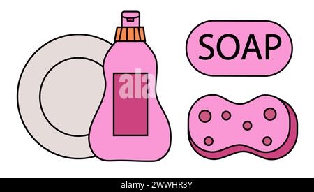 Geschirrspüler Reinigungstools Elemente. Teller, Spülmittel, Seife und Schwamm. Sauber in der Küche. Vektorabwicklungsdarstellung. Stock Vektor