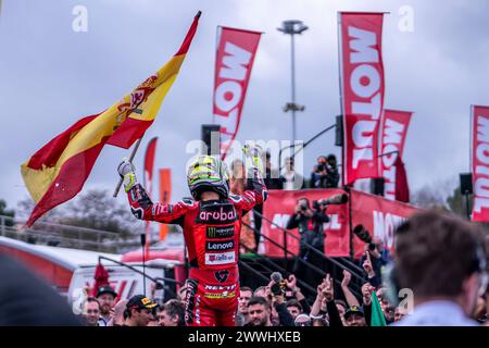 Montmelo, Spanien. März 2024. Alvaro Bautista aus Aruba.IT Racing Ducati während der Catalunya World SBK 2024 auf dem Circuit de Barcelona Catalunya am 24. März 2024 in Montmelo, Barcelona, Spanien. (Foto: Pablo Rodriguez/PRESSINPHOTO) Credit: PRESSINPHOTO SPORTS AGENCY/Alamy Live News Stockfoto