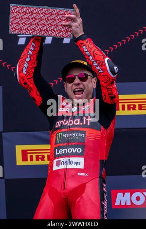 Montmelo, Spanien. März 2024. Alvaro Bautista aus Aruba.IT Racing Ducati während der Catalunya World SBK 2024 auf dem Circuit de Barcelona Catalunya am 24. März 2024 in Montmelo, Barcelona, Spanien. (Foto: Pablo Rodriguez/PRESSINPHOTO) Credit: PRESSINPHOTO SPORTS AGENCY/Alamy Live News Stockfoto