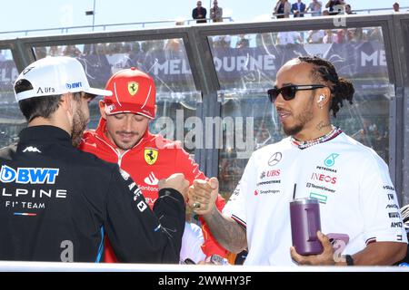 Melbourne, Australien. März 2024. Melbourne, Australien, 24. März: #44, Lewis HAMILTON, GBR, Mercedes AMG F1 Team und Charles LECLERC, Ferrari mit Pierre GASLY vom Team ALPINE, Fahrerparade während des Formel-1-Grand Prix von Australien 2024. Albert Park Grand-Prix-Rennstrecke, Formel 1 – gebührenpflichtiges Bild, Foto und Copyright © Clay CROSS/ATP Images (CROSS Clay /ATP/SPP) Credit: SPP Sport Press Photo. /Alamy Live News Stockfoto