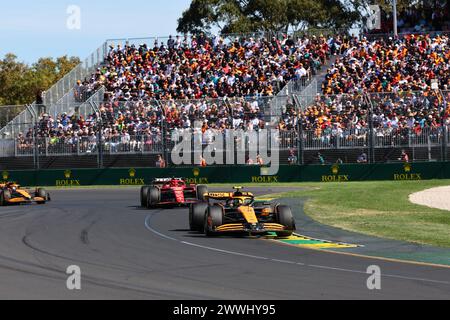 Melbourne, Australien. März 2024. Melbourne, Australien, 24. März: #4, Lando NORRIS, GBR, McLaren F1 Team, MCL38, Mercedes-Motor Nr. 16, Charles LECLERC, MCO, Team Scuderia Ferrari, SF24, #81 Oscar PIASTRI, aus, McLaren F1-Team während des Formel-1-Formel-1-Grand Prix von Australien 2024. Albert Park Grand-Prix-Rennstrecke, Formel 1 – gebührenpflichtiges Bild, Foto und Copyright © Mark PETERSON/ATP Images (PETERSON Mark /ATP/SPP) Credit: SPP Sport Press Photo. /Alamy Live News Stockfoto