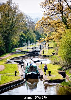 Schmalboot verhandelt den Tardebigge-Flug von 29 Schleusen auf dem Birmingham and Worcester Canal, England, Großbritannien, Worcestershire Stockfoto