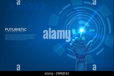 Zukunftskonzept. Futuristische Technologie. Touchscreen mit abstrakten Informationen. Handtaste drücken. Technische Schnittstelle für Business Connect. Data Science. Neonblaues Licht. Digitale Auswahl. Vektor-Mediensystem Stock Vektor