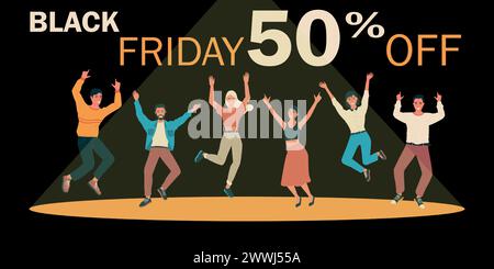 Glückliche springende Menschen. Black Friday. Sonderangebot. Shop-Rabatt. Fröhliche Männer und Frauen. Gruppe wird abgeprallt. Zufriedene Kunden kaufen Einkäufe. Marketing im Geschäft. Sonderangebot zum Preis. Vektor-Shopping-Banner Stock Vektor