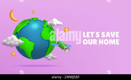 3D-Welt. Erde Planet Globus für Klima- oder Recyclingkarte, nachhaltige Umwelt grün. Isoliertes Element rendern, Webbannerdesign mit Kopierraum. Globale Ökologie Tag und Nacht. Vektor-Cartoon-Konzept Stock Vektor