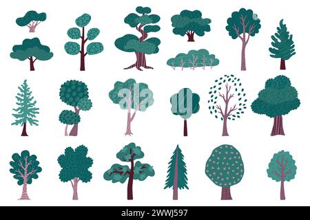Einfache Bäume. Waldsilhouette Ikonen, Kiefern- und Buschstämme, braune Äste und grüne Blätter, moderne Umgebung. Sommerpark Botanik, Vektor-Cartoon flache Art isolierte Illustration Stock Vektor