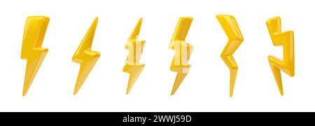 3D-Blitz. Stromversorgung des elektrischen Gewitterbolzens. Elektrizitätsenergie. Blitz- oder schnelles Licht rendern. Wetterelement. Schnelles Aufladen des Akkus. Gelbe Blitz-Formen. Gefahrenspannung. Vektor-Zeichentricksymbole gesetzt Stock Vektor