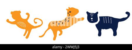Cute abstract poster. Doodle cats. Fur colors. Children scribble animals. Kids leopard and panther. Feline breed. Fluffy lion. Pet poses. Funny baby creatures. Vector mammals simple flat drawings set Stock Vektor