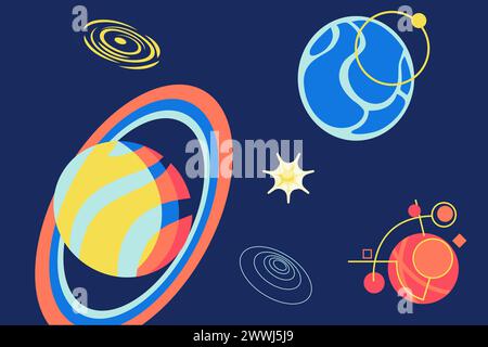 Futuristisches Astronautenbanner. Astronomie-Wissenschaft. Galaxy-Planeten. Satelliten oder Sterne. Weltraumforschung. Raumfahrt. Kosmische Asteroiden. Interstellare Reise. Vektorfarbe einfacher Hintergrund Stock Vektor
