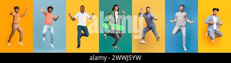 Collage von aktiven, energiegeladenen jungen Männern, die über verlaufende farbenfrohe Studiohintergründe springen Stockfoto