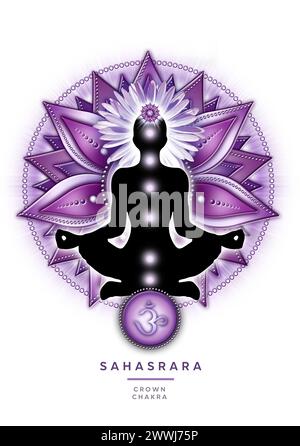 Kronenchakra-Meditation in Yoga-Lotus-Pose vor Sahasrara-Chakra-Symbol Stockfoto