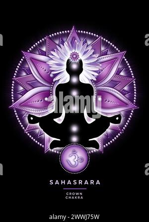 Kronenchakra-Meditation in Yoga-Lotus-Pose vor Sahasrara-Chakra-Symbol Stockfoto