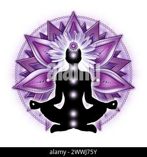 Kronenchakra-Meditation in Yoga-Lotus-Pose vor Sahasrara-Chakra-Symbol Stockfoto