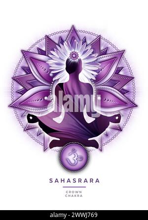 Kronenchakra-Meditation in Yoga-Lotus-Pose vor Sahasrara-Chakra-Symbol Stockfoto