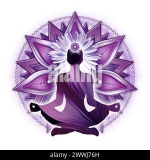 Kronenchakra-Meditation in Yoga-Lotus-Pose vor Sahasrara-Chakra-Symbol Stockfoto