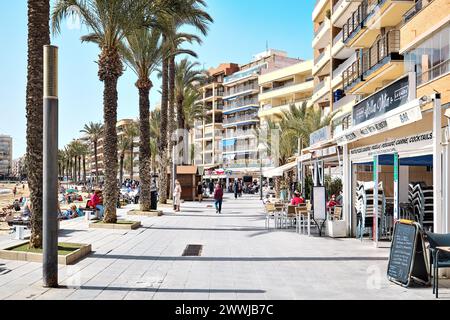 Torrevieja, Spanien-14. März 2024: Touristen schlendern entlang der Uferpromenade mit Palmen gesäumten Straße mit Café und Restaurants im Frühling Stockfoto