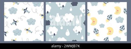 Nahtloses Böhmisches Baby-Muster. Handgezeichnetes Boho-Kinderzimmer-Design mit Wolken, Regentropfen, niedlichem Mond, Flugzeug und Rakete im Himmel für Kinderzimmer im skandinavischen Stil. Kindliche, einfache Wandkunst. Stock Vektor
