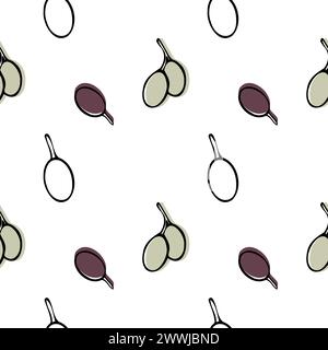Nahtloses Vektor-Muster mit Olivenbaumzweig, Blättern und Olivenfrüchten. Handgemalte Umrissblume Illustration mit farbigem Hintergrund für Küche Stock Vektor